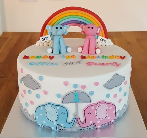 1st Birthday Cake for  twins- boy & girl with elephant & rainbow theme First Birthday Cake For Twins Boy And Girl, Twin 1st Birthday Cake, Twins 1st Birthday Theme, Cake For Twins Boy And Girl, Birthday Cake For Twins Boy And Girl, 1st Birthday Cake For Twins, Twins 1st Birthday Cake, Birthday Cake For Twins, Birthday Cake Kids Boys