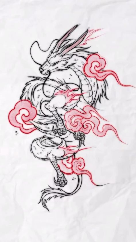 Dragon Flash Tattoo, Fineline Dragon Tattoo, Dragon Chino Tattoo, Chinese Dragon Tattoo, Chinese Dragon Drawing, Red Chinese Dragon, Black Dragon Tattoo, Dragon Tattoo Drawing, Japanese Dragon Drawing