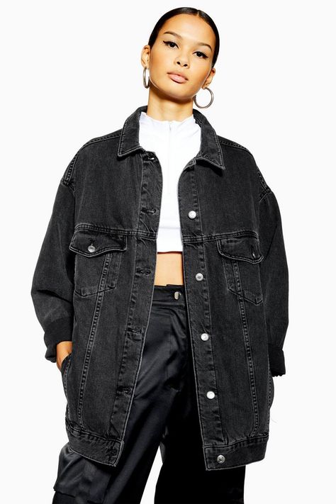 Dad Denim Jacket - Jackets & Coats - Clothing - Topshop USA Black Denim Jacket Outfit, Oversized Black Denim Jacket, Long Denim Jacket, Black Jean Jacket, Jean Jacket Outfits, Denim Jacket Outfit, Oversized Jean Jacket, Black Jean, Oversized Denim Jacket