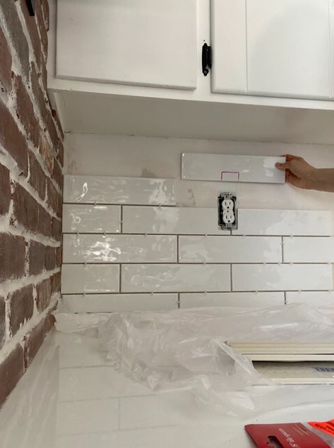 DIY Kitchen Backsplash, How-To Tile on Your Own! | Abbbclarkhomeee Diy Affordable Backsplash, How To Lay Backsplash Tile, How To Tile A Backsplash, Diy Subway Tile Backsplash, How To Do Kitchen Backsplash, How To Tile Backsplash Kitchen, How To Lay Subway Tile Backsplash, Tiling Backsplash Kitchen Diy, Diy Subway Tile Backsplash Kitchen