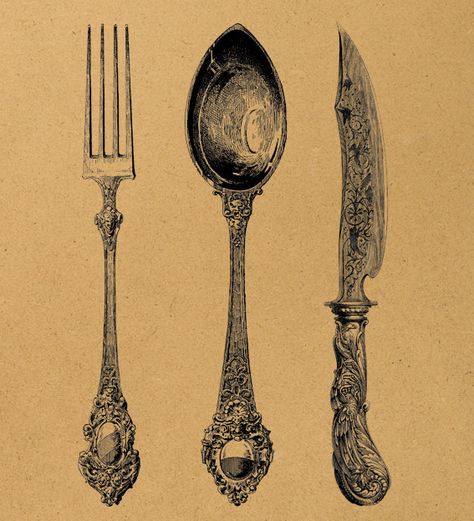 vintage cutlery illustration transfer Antique Silverware Vintage Cutlery, Cutlery Illustration, Knife Tattoo, Traditional Paint, Art Jewelry Design, Vintage Cutlery, Desenho Tattoo, Vintage Silverware, Collage Illustration