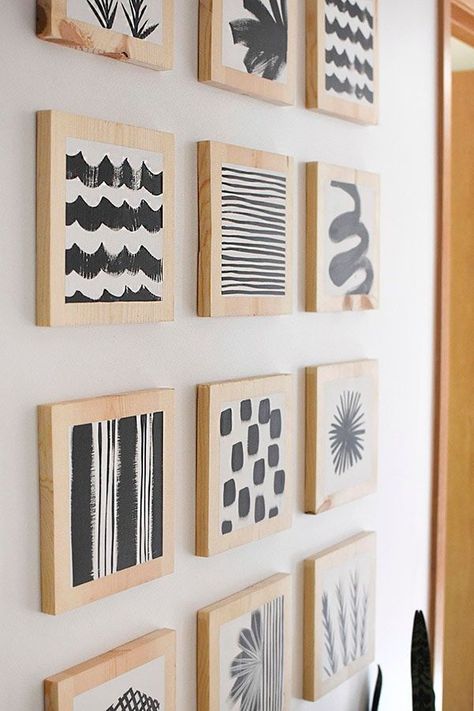 Learn how to make flush DIY Wood Block Art to hang in your home.  A simple DIY project that brings a big look with very little expense. Delineate Your Dwelling Hallway Update, Wood Block Art, Hallway Gallery Wall, Block Art, Black And White Art, Decor Minimalist, Simple Diy, Anime Angel, Diy Canvas Art