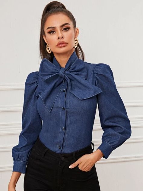 Bow Tie Neck Button Front Denim Blouse | SHEIN New Jeans Top, Denim Blouse Women, Fashion Outfits Women, Women Long Sleeve Shirt, Denim Top Women, Denim Bows, Blue Shirt Women, Shirt Elegant, Moda Denim