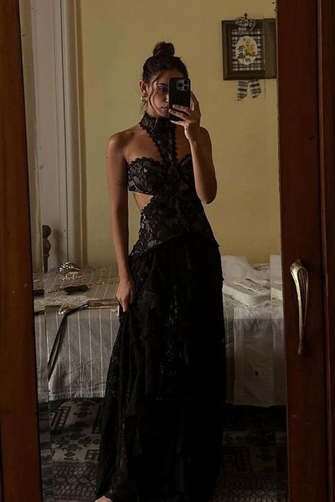 Princesa Black Lace Drop Waist Maxi Dress Black Vintage Bridesmaid Dresses, Drop Waist Lace Wedding Dress, Black Tie Dinner Outfit Women, Black Lace Aesthetic, Night Court Dress, Prom 23, Fw 2024, Lace Black Dress, Unique Creatures