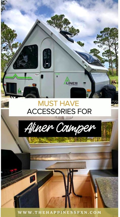 We share our must-have accessories for your Aliner Camper that you can easily find off Amazon. These are our top picks on how to make the camper life more comfortable during outdoor adventures and travels! | aliner campers | aliner camper ideas | aliner camper interior | aliner | aliner camper storage ideas | small campers | rv life | camping Aliner Camper Organization, Storage For Pop Up Camper, Aliner Storage Ideas, A Frame Camper Decorating Ideas, Aliner Camper Ideas Storage, A Frame Camper Interior, Aliner Scout Lite, A Liner Camper Interior, Aliner Camper Remodel