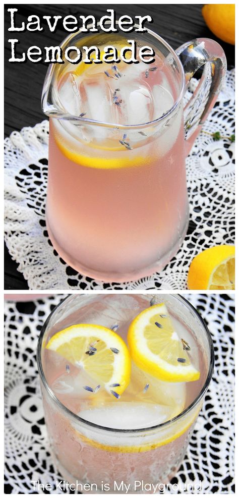 Lavender Lemonade ~ You'll fall in love with Lavender Lemonade's beautiful shade of pink, and its fragrant floral flavor of lavender. A fabulously delicious summer sipper!  #lavender #lavenderlemonade #lavenderrecipe  www.thekitchenismyplayground.com Pink Lemonade Recipes, Lavender Cocktail, Lemonade Punch, Lavender Recipes, Drink Recipes Nonalcoholic, Lavender Lemonade, Lemonade Drinks, Shade Of Pink, Frozen Lemonade