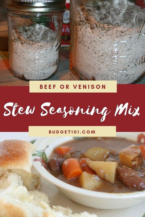 Beef Stew Seasoning Mix All natural hearty beef stew seasoning mix, rich in flavor, perfect on tough cuts of beef, venison or moose meat. #Budget101 Beef Stew Mix Recipe, Homemade Beef Stew Seasoning, Stew Seasoning, Beef Stew Seasoning Mix, Beef Stew Seasoning, Homemade Dry Mixes, Cuts Of Beef, Hearty Beef Stew, Homemade Spice Mix