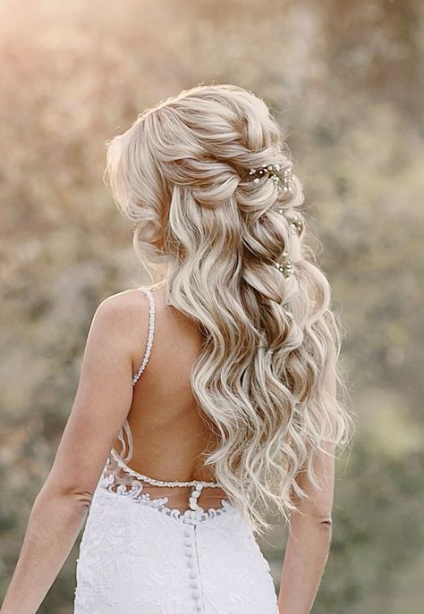 Romantic Bridal Hair by @HairSpray_Studio -  #Bridal #hair #HairSpray_Studio #Romantic Bride Hair Inspo Half Up Half Down, Cute Country Wedding Hairstyles, Wedding Hair Half Up Half Down With Braid, Half Up Half Down Hair Dos For Wedding, Bride Half Down Hairstyles, Bride Wedding Hair Braid, Wedding Hair Curled Half Up Half Down, Hair Extensions Wedding Hairstyles, Bride Hair Down With Braid