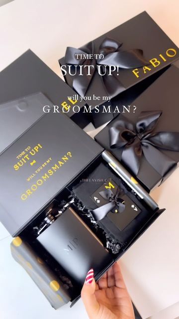 CiCi Cornwall - THE LAVISH CO. on Instagram: "🎩 Soon-to-be grooms - If you’re putting together groomsmen proposal boxes and could use a hand, feel free to send us a dm or an email. We’re here to help you assemble boxes filled with essential items that’ll impress your groom squad and come in handy on the big day! ______________________ 🖤 #GroomsmenProposal #BestMan #Groomsmen #GroomSquad #Engaged #SheSaidYes #Groom #Proposal #GroomToBe #BachelorParty" Groom Proposal, Groom Box, Groom Squad, Custom Bottle Labels, Groomsmen Boxes, Groomsman Proposal Box, Groomsmen Proposal Gifts, Black And White Wedding Theme, Bridal Shower Inspo