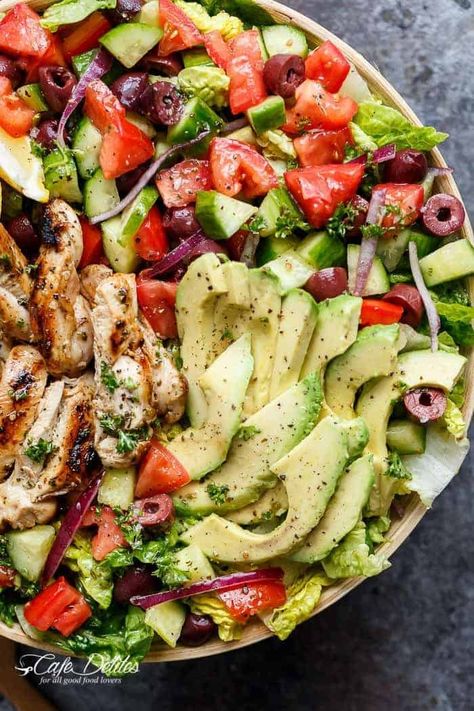 Grilled Lemon Herb Mediterranean Chicken Salad - Cafe Delites Lemon Herb Mediterranean Chicken Salad, Meditterean Food, Mediterranean Chicken Salad, Chicken Breast Salad, Spinach Salad With Chicken, Grilled Lemon, Lemon Herb Chicken, Grilled Tuna, Salad With Chicken