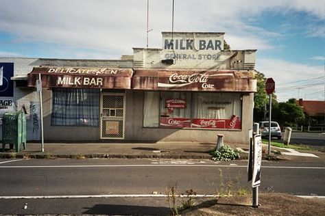 Delicatessen Milk Bar, Essendon. Milk Store, Hong Kong Photography, K Bar, Storefront Signs, Photographic Projects, Corner Store, Milk Bar, Neon Aesthetic, Beach Hut