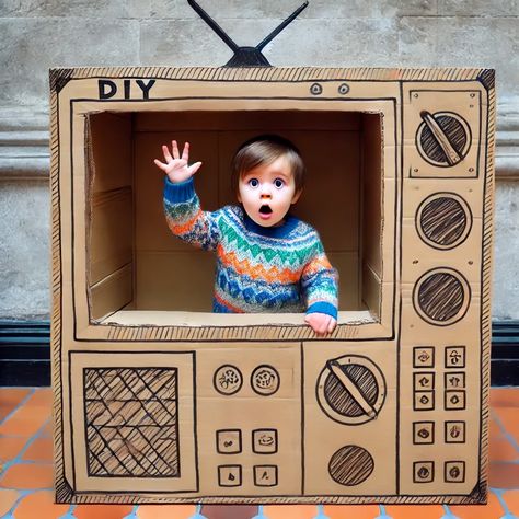 Cardboard Box TV Large Cardboard Box Ideas For Kids, Cardboard Boats, Cardboard Tv, Cardboard Boxes Kids, Class 1b, Diy Cardboard Toys, Cardboard Play, Large Cardboard Boxes, Cardboard Houses