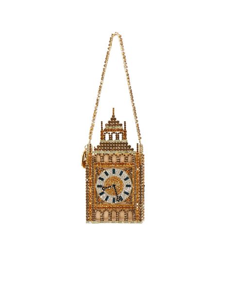 Gold · Crystals · Big Ben crystal-embellished mini bag from ROSANTICA featuring crystal embellishment, logo charm, top drawstring fastening, single top handle and main compartment.This bag mimics the ornate build of London’s Big Ben, encrusted with over 3000 crystals that trace the tower, clockface and Gothic stonework. As for the interior, you’ll find a drawstring pouch – perfect for storing the valuables you simply can’t be without. Glass Painting Patterns, Gold Clock, Unique Purses, Paris London, Handbag Heaven, Clock Tower, Crystal Embellishment, Close To My Heart, Cuckoo Clock