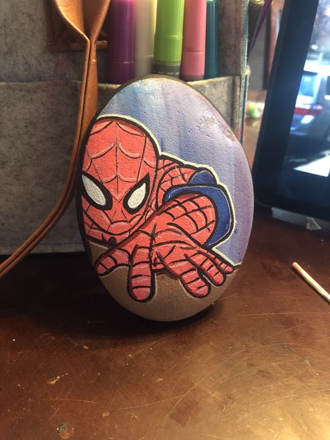 Spider Man Rock Painting, Superman Rock Painting, Painted Rocks Spiderman, Hulk Painted Rock, Pirate Rock Painting, Sell Ideas, Relaxing Backyard, Diy Rock Art, Outdoor Crafts