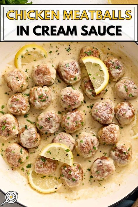 Chicken Meatballs In Cream Sauce Meatballs In Cream Sauce, Budget Bites, Chicken Meatballs Healthy, Chicken White Sauce, Ground Chicken Meatballs, Vegetarian Mains, Fast Dinner, Budget Bytes, Chicken Entrees