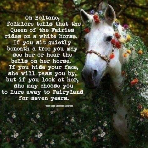 gray horse draped in flowers with Beltane Greetings Sacred Masculine, Fire Festival, Go Ride, Faeries Gardens, Fairy Queen, May Day, Wise Women, Season Of The Witch, Beltane