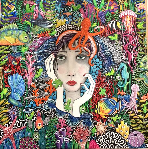 Neurographic Portrait Lesson, Octopus Mixed Media Art, Julia Soboleva Art, Julie Liger-belair Artworks, Trippy Octopus Painting, Surreal Portrait, Frida Art, Abstract Portrait, Graffiti Art