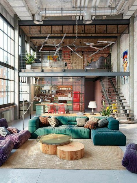 Industrial Loft Design, Loft Inspiration, Loft House Design, Industrial Home Design, Room Brown, Loft Interior Design, Loft Interiors, Industrial Interior Design, Trendy Living Rooms