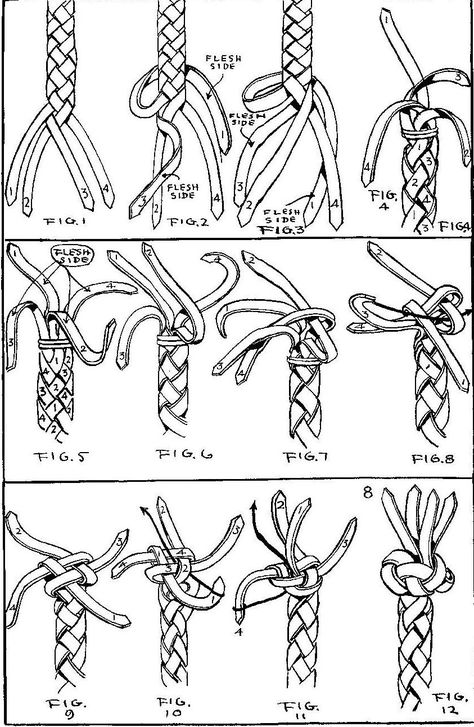 trenza                                                                                                                                                                                 Más Rawhide Braiding, Leather Tutorial, Paracord Knots, Knots Diy, Leather Art, Sewing Leather, Leather Weaving, Leather Projects, Leather Pattern