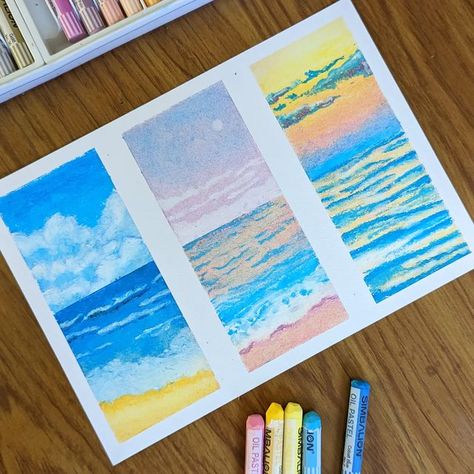 LI LING | Oil pastel | 粉蠟筆 | 油性粉彩 on Instagram: "Which sky do you like? Left, middle, or right? Learned from @kaylee06062018 on Youtube 🙏 If you are an oil pastel beginner like me, I recommend you to check out her channel! #oilpastel #drawings #art #artoftheday #sky #ocean #beach #粉蠟筆" Oil Pastel Ocean, Beach Oil Pastel, Sky Oil Pastel, Beach Drawing, Pastel Beach, Coffee Drawing, Pastel Sky, Oil Pastel Art, Oil Pastel Drawings