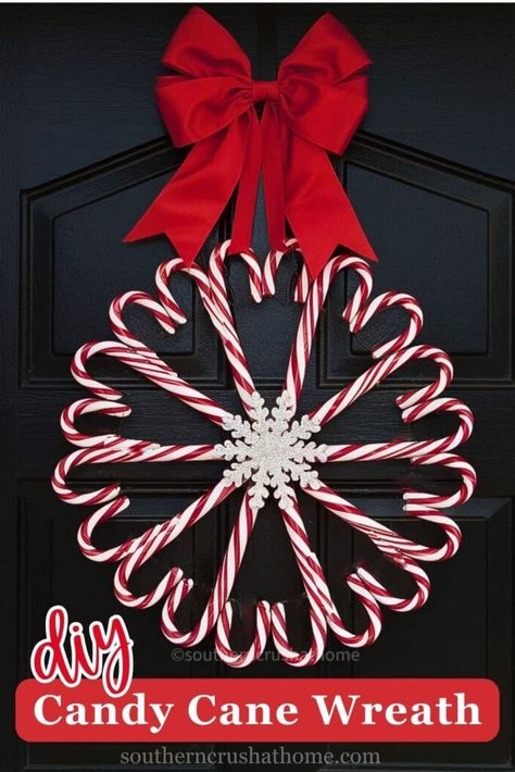 Easy Dollar Tree DIY Candy Cane Wreath for Christmas https://www.southerncrushathome.com/candy-cane-wreath/ Diy Candy Wreath Christmas, How To Make A Candy Wreath, Plastic Candy Cane Crafts, Dollar Store Candy Cane Wreath, Candy Cane Wreath Ideas, Dollar Tree Candy Cane Wreath Form, Diy Candy Cane Wreath, January Wreath Ideas, Candy Cane Wreath Tutorial