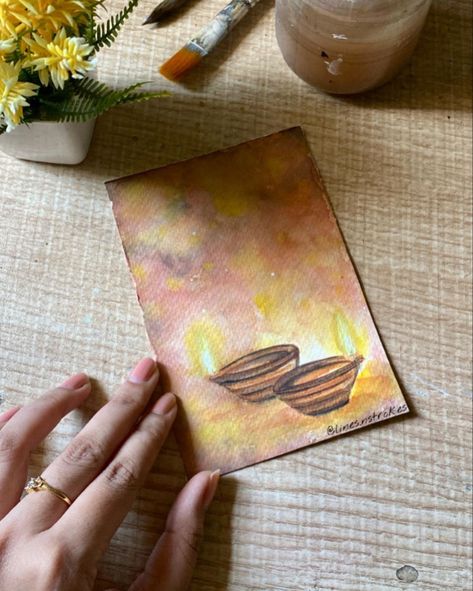 Watercolor Painting Of Diya, Diwali Watercolor Painting, Diwali Poster Design, Diwali Painting, Watercolor Light, Diwali Diyas, Diwali Cards, Diwali Poster, Mind Quotes