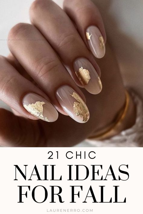 It’s time to grab your sweaters and boots and turn your manicure into a colorful work of art! These Chic Fall Nail Ideas are the perfect way to cozy up with your pumpkin spice latte and a book. So get some classy and beautiful nail inspiration for your next manicure with these fall nail ideas! Almond Nails Ideas Minimalist, Fall Nails Burgundy Design, Neutral Brown Nail Designs, Chic Oval Nails, Fall Winter Transition Nails, Gold Flake Nail Designs, Fall Nails Professional, Fall Round Nail Designs, Cool Fall Nails Acrylic