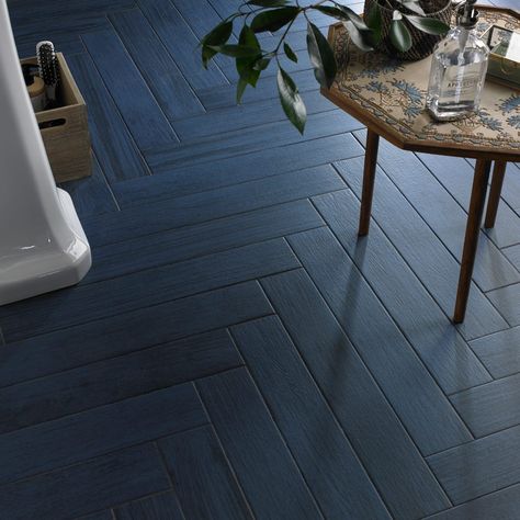 Interior Design Inspiration: Pantone 19-4052 Classic Blue Tiles by Walls and Floors - Fashion Trendsetter Herringbone Bathroom, Blue Floor Tile, Blue Tile Floor, Brick Effect Tiles, Navy Blue Tile, Wood Floor Bathroom, Herringbone Wall, Kitchen Floor Tiles Ideas, Victorian Tiles