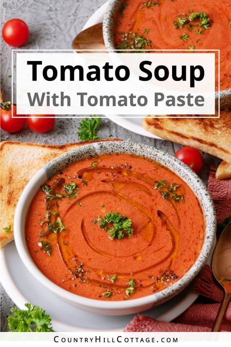 Tomato soup with tomato paste brings nostalgic warmth to chilly days! Made from tomato paste, vegetable broth, and herbs, it's a bowlful of creamy, delicious comfort. The recipe is easy to make with pantry staple ingredients and ready in about 25 minutes. It's super thick, creamy, full of delicious tomato flavor, and perfect for a crispy, melty grilled cheese sandwich. The recipe could not be easier. It's so quick and simple that you can make it even on busy weeknights! | CountryHillCottage.com Pantry Tomato Soup, Tomato Soup Recipe With Tomato Paste, Tomato Paste Soup, Tomato Soup With Tomato Juice, Uses For Tomato Paste, Tomato Soup From Tomato Paste, Recipes Using Tomato Paste, Tomato Paste Soup Recipe, Tomato Soup With Tomato Paste