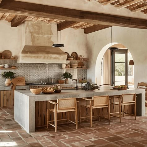 Italian Farmhouse Kitchen, Mediterranean Kitchen Design, Spanish Style Kitchen, Minimal Bohemian, Spanish Kitchen, Coastal Kitchen Design, Dining Banquette, Mediterranean Kitchen, Farmhouse Kitchen Remodel