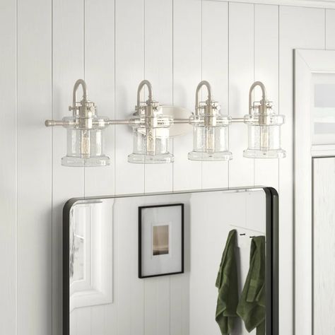 Sand & Stable Cory 4 - Light Dimmable Vanity Light & Reviews | Wayfair Brushed Nickel Light Fixtures, Nickel Light Fixtures, Coastal Farmhouse Bathroom, Bathroom Brushed Nickel, Brushed Nickel Bathroom, Wayfair Furniture, Bathroom Redo, Coastal Farmhouse, Bathroom Light Fixtures