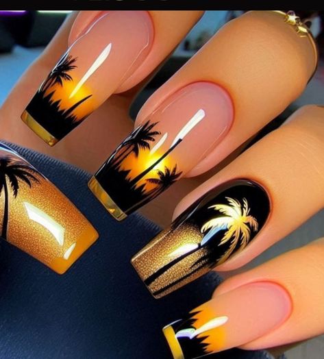 Beachy Sunsets, Tropical Flower Nails, Rasta Nails, Silhouette Nails, Hawaiian Nails, Palm Tree Nail Art, Tropical Nail Designs, Disney Acrylic Nails, Tree Nail Art