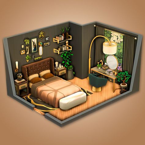 Sims 4 Houses Living Room, Brown Gold Bedroom, Sims 4 Interior Design Ideas, Sims 4 Bedroom Ideas, Clutter Decor, Sims Bedroom, Bedroom Sims 4, Sims Room, Sims 4 Cc Furniture Living Rooms