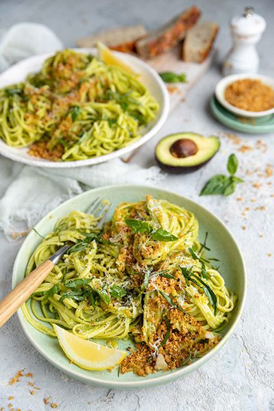 Avocado Linguine with Parmesan Pangrattato | Crush Mag Trout Pasta, Smoked Trout Salad, Spicy Guacamole, Roasted Tomato Salsa, Smoked Trout, Avocado Sauce, Waffle Toppings, Lemon Pasta, Avocado Recipes