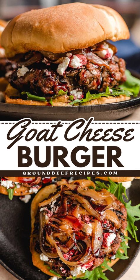 Pub-style goat cheese burgers! This easy dinner idea is a must-try. Piled high with goat cheese crumbles, caramelized onions, and a red wine glaze, this unique burger recipe is a restaurant-quality meat main dish! Red Wine Glaze, Goat Cheese Burger, Goat Cheese Crumbles, Hamburger Dinner Ideas, Unique Burger Recipes, Unique Burgers, Cheese Burgers, Healthy Ground Beef, Burger Seasoning