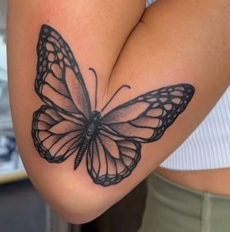 Butterfly Arm Tattoo Elbow, Butterfly Tattoo That Opens On Elbow, Over The Knee Butterfly Tattoo, Tattoo Ideas Butterfly Arm Sleeve, Wide Butterfly Tattoo, Butterfly Tattoo Crease Of Arm, Huge Butterfly Tattoo, Butterfly Tattoo Open And Close On Arm, Butterfly Tattoo Inner Elbow