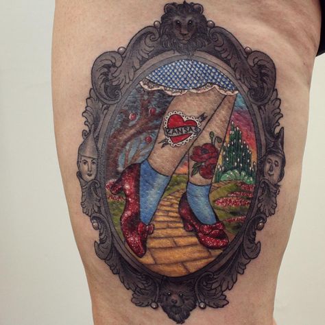 Wizard of Oz Tattoo Wizard Of Oz Tattoo, Wizard Of Oz Color, Oz Tattoo, Ruby Red Slippers, Movie Tattoos, The Wonderful Wizard Of Oz, Baby Tattoos, White Tattoo, Skin Art