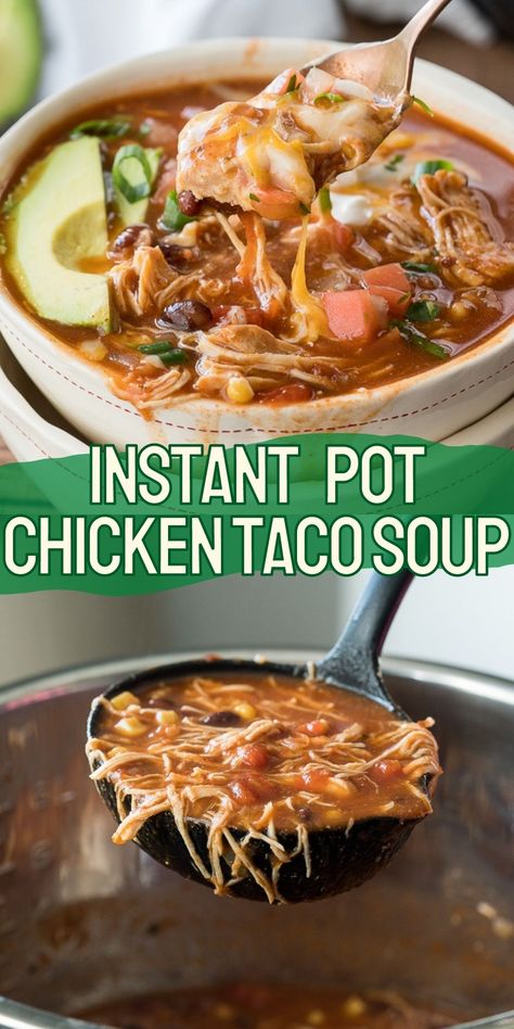 This Instant Pot Chicken Taco Soup recipe is seriously so easy to make! My kids devoured this! Taco Soup Instant Pot, Instant Pot Chicken Taco Soup, Chicken Taco Soup Recipe, Soup Instant Pot, Shredded Chicken Tacos, Taco Soup Recipe, Delicious Clean Eating, Chicken Taco Soup, Hearty Chicken