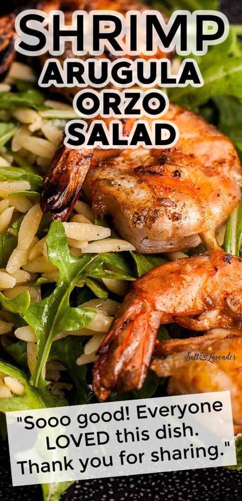 closeup of salad with text overlay that reads shrimp arugula orzo salad - Sooo good! Everyone LOVED this dish. Thank you for sharing. Orzo Arugula, Easy Arugula Salad, Shrimp Salad Recipes Healthy, Shrimp Arugula, Shrimp Orzo Salad, Salad With Grilled Shrimp, Grilled Shrimp Salad, Shrimp Orzo, Homemade Vinaigrette