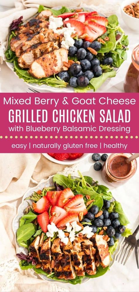 Easy Grilled Chicken Salad, Blueberry Balsamic Dressing, Salad With Berries, Blueberry Balsamic, Blueberry Chicken, Balsamic Vinaigrette Recipe, Homemade Vinaigrette, Pecan Chicken Salads, Grilled Chicken Marinade