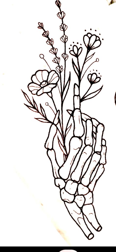 Flowers In Skull Tattoo, Skulls And Flowers Drawing, Skeleton And Flowers Drawing, Skeletal Hand Holding Flowers, Womens Tattoo Stencils, Wine Bottle Tattoo Design, Skull Hand Holding Flower Tattoo, Skeleton Hand Flower Tattoo, Spooky Line Art