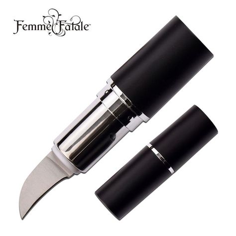 Lipstick Hidden Knife Black 2.75 Concealed 1 Blade Self Defense-FEMME FATALE Lipstick Hidden Knife Black Works like a normal lipstick case - just twist to deploy the blade! 2.75 inch overall length 1 inch hawkbill blade Injection molded lip-stick. Lipstick Knife, Hidden Knife, Hidden Knives, Stiletto Knife, Hidden Blade, Pretty Knives, Black Lipstick, Lipstick Case, Survival Gear