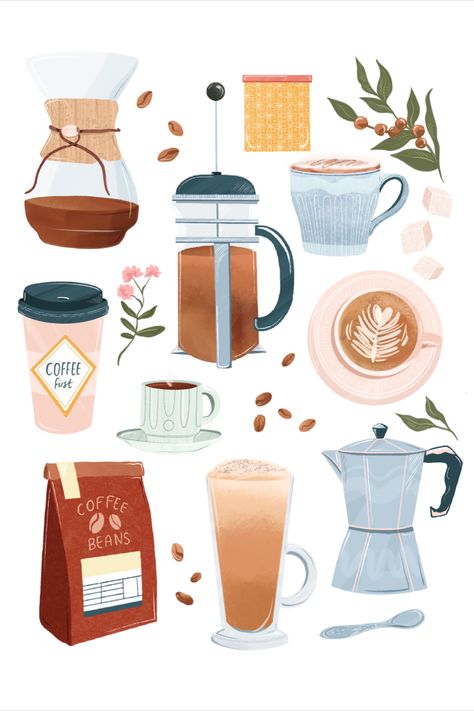 Print features a range of different objects related to coffee such as a cappuccino, latte & coffee beans. Drawing Breakfast, Coffee Artwork, Coffee Cup Art, Arte Doodle, Coffee Drawing, Art Essentials, Coffee Roaster, Coffee Painting, Coffee Illustration