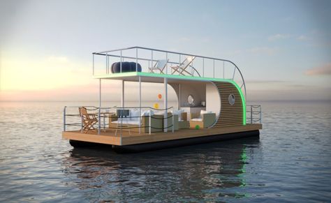 Pontoon Houseboat, Chill Lounge, Houseboat Living, Floating Hotel, Aluminum Boat, Tiny House Movement, Floating House, Houseboat, Pontoon Boat