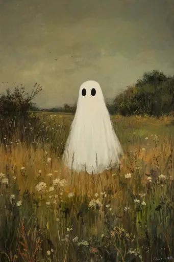 ↑↑↑ Larger size on website 🔸 The painting depicts a white ghost with two black eyes standing in a field of tall grass and wildflo Standing In A Field, Ethereal Nature, White Ghost, Black Eyes, Eye Black, Muted Colors, Brush Strokes, Wild Flowers, Ghost