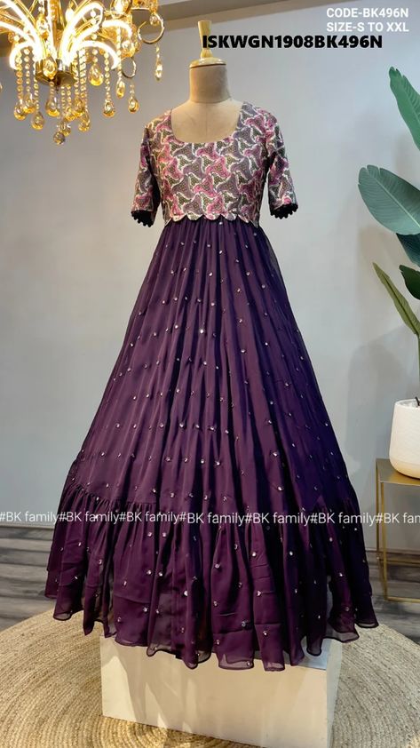 Long Gown Neck Designs, Ombre Gowns Indian, New Gown Designs 2024 Latest, Ajrakh Frock Designs, Silk Saree Frock Dresses, New Simple Frock Design, Georgette Floral Long Frocks, Stiching Ideas Frock, Long Frocks Models