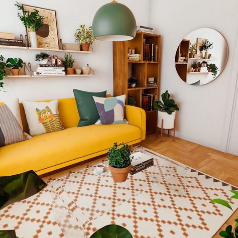 17 Stunning Examples We can Learn from Stylish Dekor about Mid Century Modern Design Colourful Couch, Mustard Couch, Mustard Sofa, Yellow Couch, Yellow Carpet, Studio App, Yellow Sofa, Yellow Living Room, Colourful Living Room