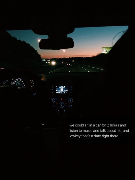 Sit in a car for 2 hours, listen to music and talk about life #drive Driving And Music Quotes, Car Date Quotes, Car Snapchat Stories Caption, Car Driving Quotes Feelings, Night Drive Aesthetic Quotes, Night Drive Quotes Feelings, Drive Quotes Car, Listening To Music In Car Aesthetic, Car Drive Captions