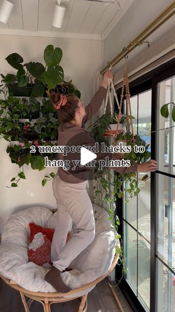 Chantel Gray | 🪴 Plants + DIY on Instagram: "Or comment “let’s hang out!” And I’ll DM you where to find both!!  I personally love the double curtain rods, because I don’t have to deal with fighting to close the curtains. Both of them have their own rod!  The laundry hangers went crazy viral last time I shared them and you guys love them as much as I do! They’re perfect for awkward windows and the pivoting function comes it handy every time! They do go out of stock fast so I have a lot of similar backup options linked as well!  Hope this helps my plant lovers and fronds!  Xo - Chantel   #planthacks #hangingplants #houseplantsofinstagram #houseplants #plantsmakemehappy #planttips" Hanging Plant Curtain Rod, Plants Hanging From Curtain Rod, Hanging Plants From Curtain Rod, Plant Curtain Window, Curtain Rod Plant Hanger, Double Curtain Rod Ideas, Window Hanging Plants, Window Plant Hanger, Double Shower Curtain Rod