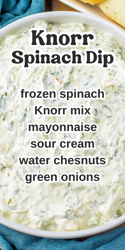 The classic Knorr Spinach Dip recipe! This cool and creamy spinach dip recipe is quick and easy to make with a packet of Knorr vegetable mix, frozen spinach, and a few other simple ingredients. Serve with pita chips, crackers, bread pieces, or fresh veggies for a perfect party dip for any occasion. Creamy Spinach Dip Recipe, Spinach Dip Recipe Easy, Knorr Spinach Dip Recipe, Knorr Vegetable Dip, Spinach Dip Cold, Homemade Spinach Dip, Best Spinach Dip, Knorr Spinach Dip, Veggie Dip Recipe